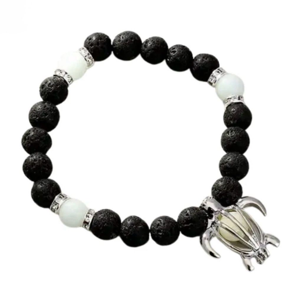 Silver Sea Turtle Lava Bead Bracelet